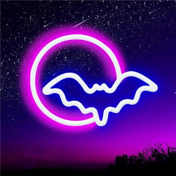 Neon Signs, Moon and Bat LED Neon Lights, Neon Light Sign for Wall USB/Battery - Picture 1 of 6